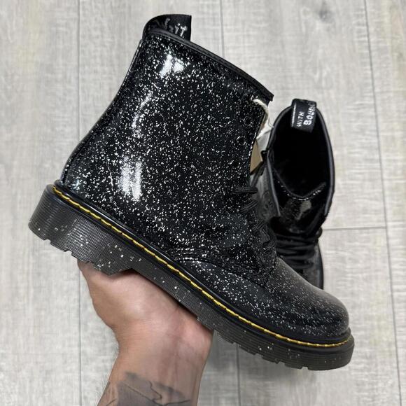Dr. Martens Shoes - Dr. Martens Black Patent Leather Glitter Side Zip Boots 1460 J Size 5 Women